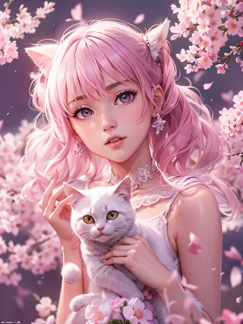 Cat with pink ribbon、Pink Hair、masterpiece, highest quality,Kimoto_cherry blossoms, Girly style, Lace dress, ballet flats, delic...