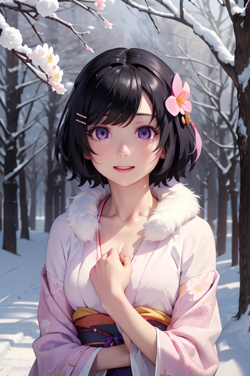 Fondo de pantalla CG unity 8K muy detallado, Cute One Dama, cabello maduro、Dama ,beautiful Dama, Piel pálida (súper obra maestra, persona hermosa, well detailed face polluted sonrisa, Fotorrealista, hiperrealista), Colorido kimono de invierno en colores rosa y blanco.、(piel blanca)、Accesorios para el cabello de estilo japonés、sonrisa、Fondo japonés con flores de color rosa claro y nieve.、Retrato、(ojos de referencia)、(pecho plano:1.2)、(piel brillante:1.7)、ojos detallados、ojos grandes、abre la boca、esconde tu brazo、
(hanekawa01:1.5, cabello corto, pelo negro, adorno para el pelo, ojos morados, Pinza para el cabello)