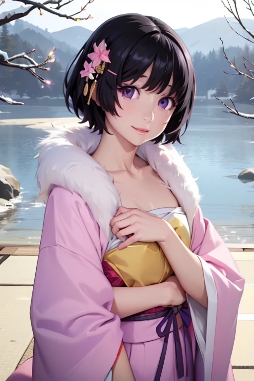 Fondo de pantalla CG unity 8K muy detallado, Cute One Dama, cabello maduro、Dama ,beautiful Dama, Piel pálida (súper obra maestra, persona hermosa, well detailed face polluted sonrisa, Fotorrealista, hiperrealista), Colorido kimono de invierno en colores rosa y blanco.、(piel blanca)、Accesorios para el cabello de estilo japonés、sonrisa、Fondo japonés con flores de color rosa claro y nieve.、Retrato、(ojos de referencia)、(pecho plano:1.3)、(piel brillante:1.7)、ojos detallados、ojos grandes、abre la boca、esconde tu brazo、
(hanekawa02:1.5, cabello corto, pelo negro, adorno para el pelo, ojos morados, Pinza para el cabello)