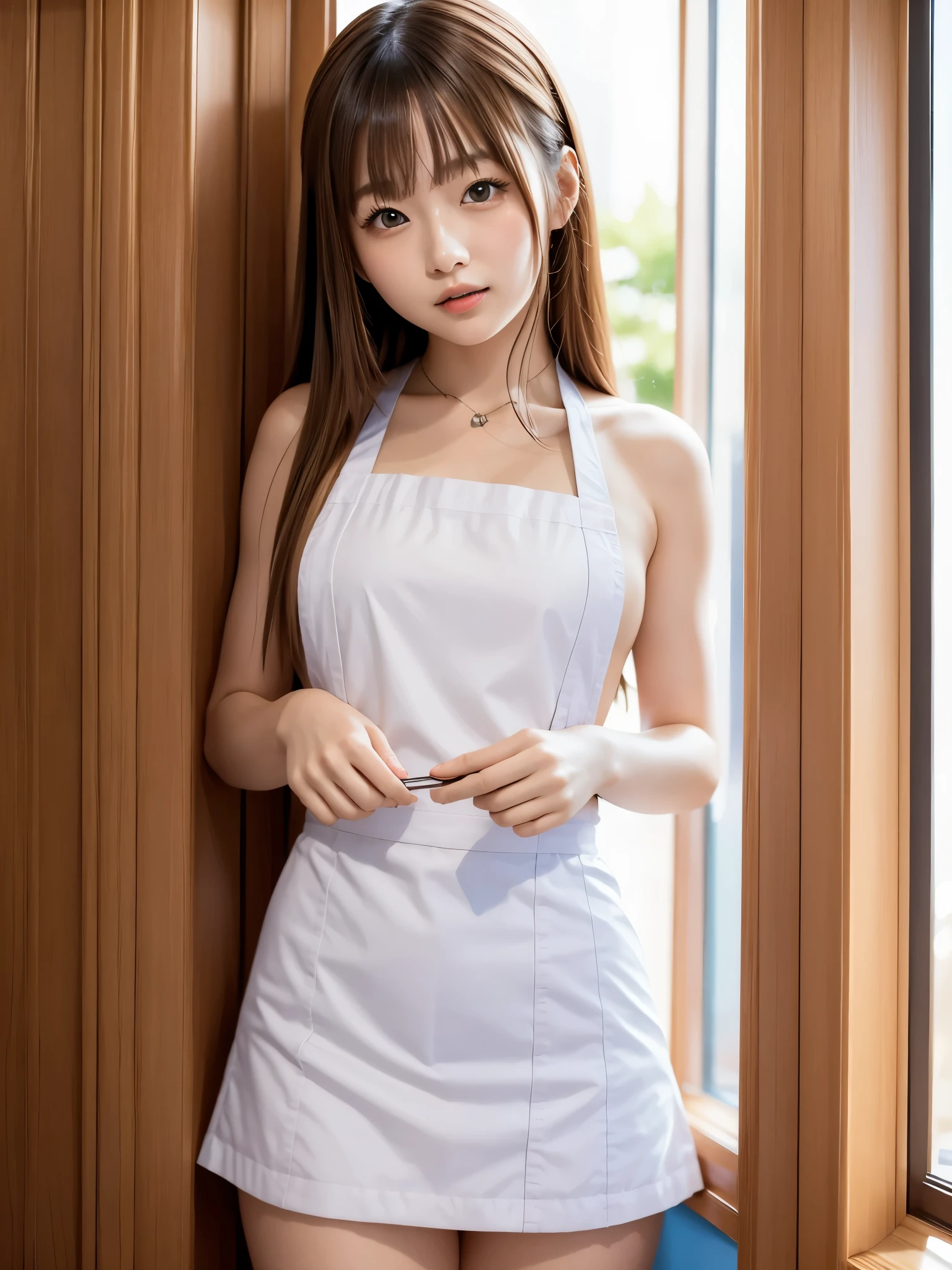 (masterpiece, best quality:1.2), 1girl, solo、Amazingly cute girl、Upper Body、Naked Apron、Sukesuke's apron、Professional Lighting、