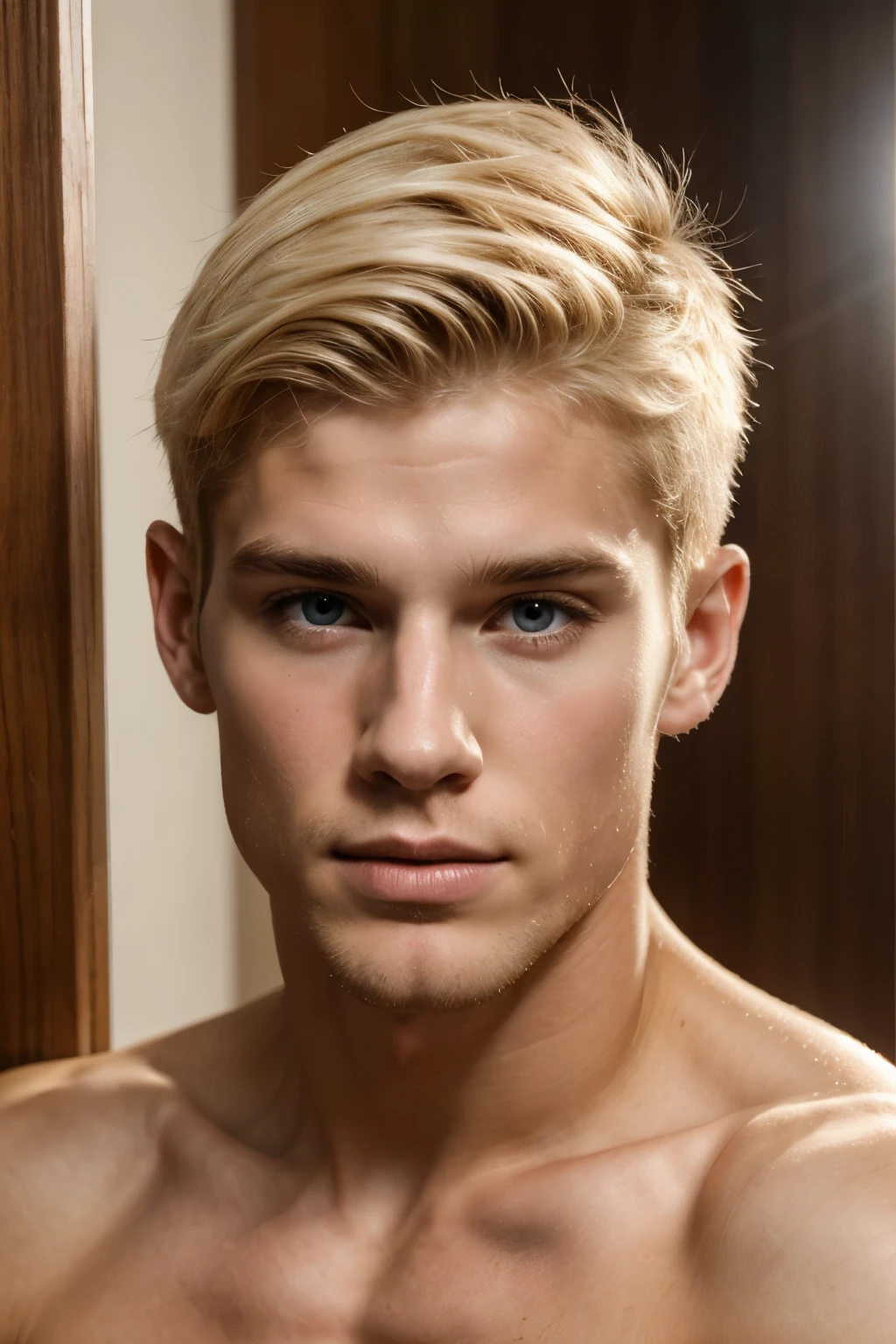 short detailed hair，Naked body，white skin,  musculature, blonde hair，serius face，Handsome boys，