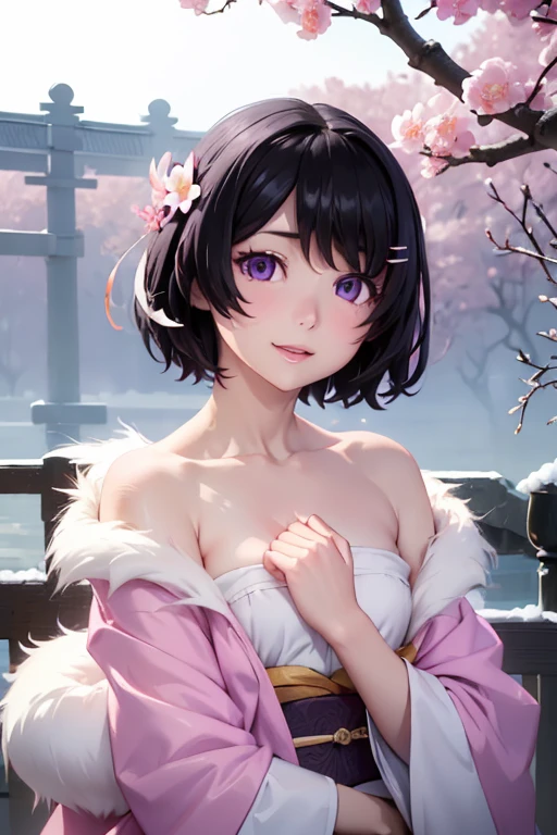 Very detailed CG Unity 8K wallpaper, Cute One lady, Mature hair、lady ,beautiful lady, pale skin (Super masterpiece, Beautiful person, well detailed face polluted smile, Photorealistic, hyper realisitic), Colorful winter kimono in pink and white colors、(white fur)、Japanese Style Hair Accessories、smile、Japanese background with light pink flowers and snow、Portrait、(ref Eyes)、(flat chest:1.3)、(Glowing Skin:1.7)、Detailed eyes、Big eyes、Open your mouth、Hide your arm、
(hanekawa02:1.5, short hair, black hair, hair ornament, purple eyes, hairclip)