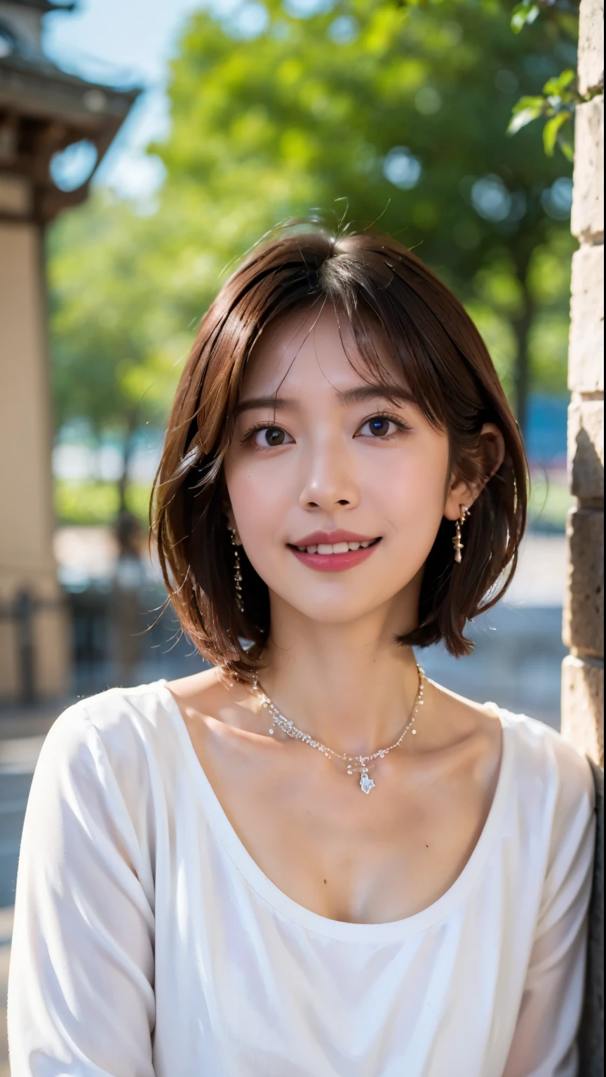 (highest quality, 8k, 32k, masterpiece, Ultra-high resolution:1.2),Beautiful Japanese Women Photos, Large Breasts, Very short bob hair,whole body,White sweater, necklace, Simple Background, From above, View your audience,smile、（Hungary、Budapest:1.4）、（old Town:1.2）、（In front of the fountain in the park：1.2）、（Illuminated by the morning sun：1.4）