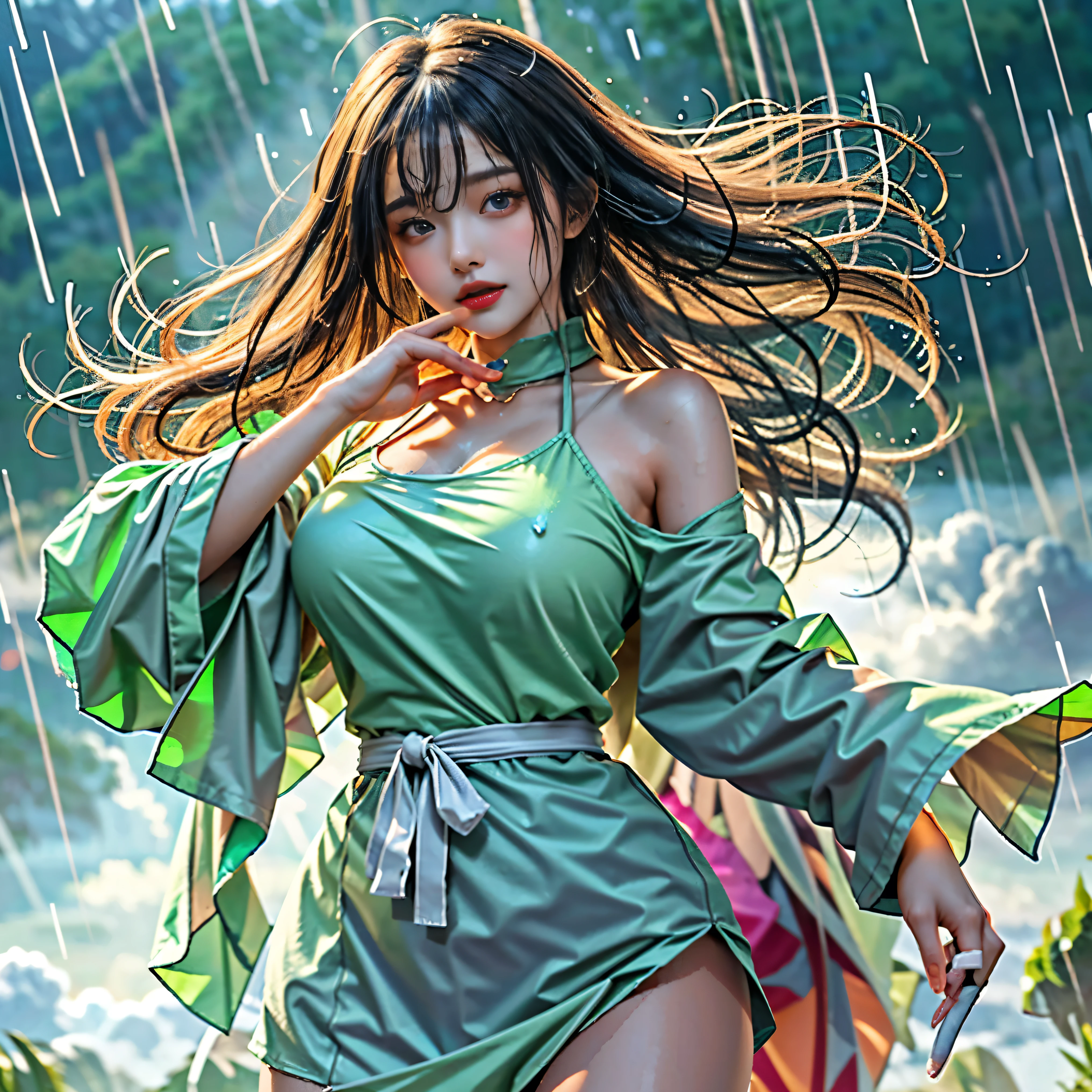 (highest quality、High resolution、Super detailed:1.2)、Fantasy、1 Beautiful ugly woman、Wizard、(Perfect Body Proportions、Ideal body type)、huge breasts、like々New Appearance、smile、(Elegant and confident)Pause、Wearing primitive dress、Stand on top of a skyscraper、From the dark clouds(Heavy rain pours down:1.4)、Motion Blur Effect、Strong winds、lightning、(Wet body、Wet Hair:1.4)、Wet clothes stick to the body、Looking into the camera