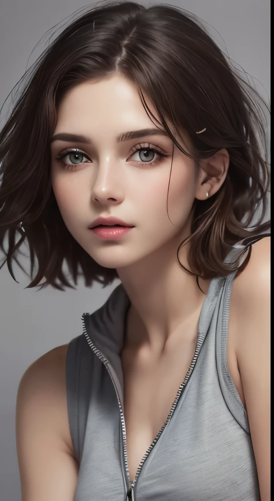 8K uhd、RAWphotograph、モデルphotograph撮影、 European race、(masterpiece、highest quality、Photorealistic、High resolution、photograph:1.3)、Close-up、Focusing、Hot Model、slim、30 year old mature woman、Small face、No makeup、Short Hair、Dark Brown Hair、Fine beautiful eyes、Real Skin、(perfect body)、Sexy hot face、Erotic、Sexual gaze、Detailed beautiful eyes、Glossy lips、Small breasts、Small breasts、Bust B cup、Realistic details、Cool beauty、Cool pose、Background gray、Plain grey background、((Wearing a white zip tank top sweatshirt))