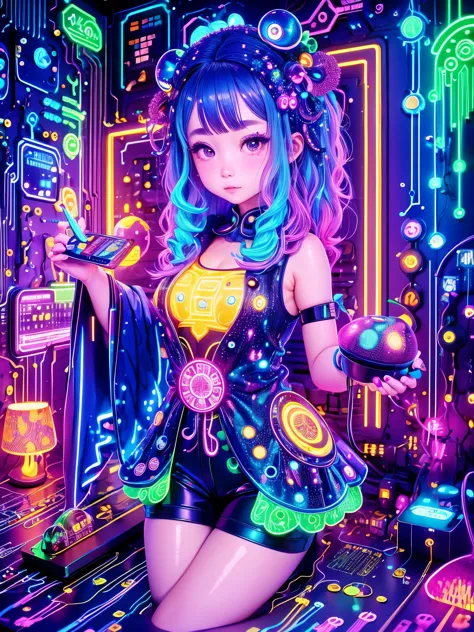 (霓虹lamp)，Circuit Board，colorful nipples，luminescent colors，lamp，girl，Looking at the camera，slime girl，Flowy vest shorts，Towards the wall，Big round eyes，charming，(Ultra HD, masterpiece, precise, Anatomically correct, textured skin, High Detail, high quality...