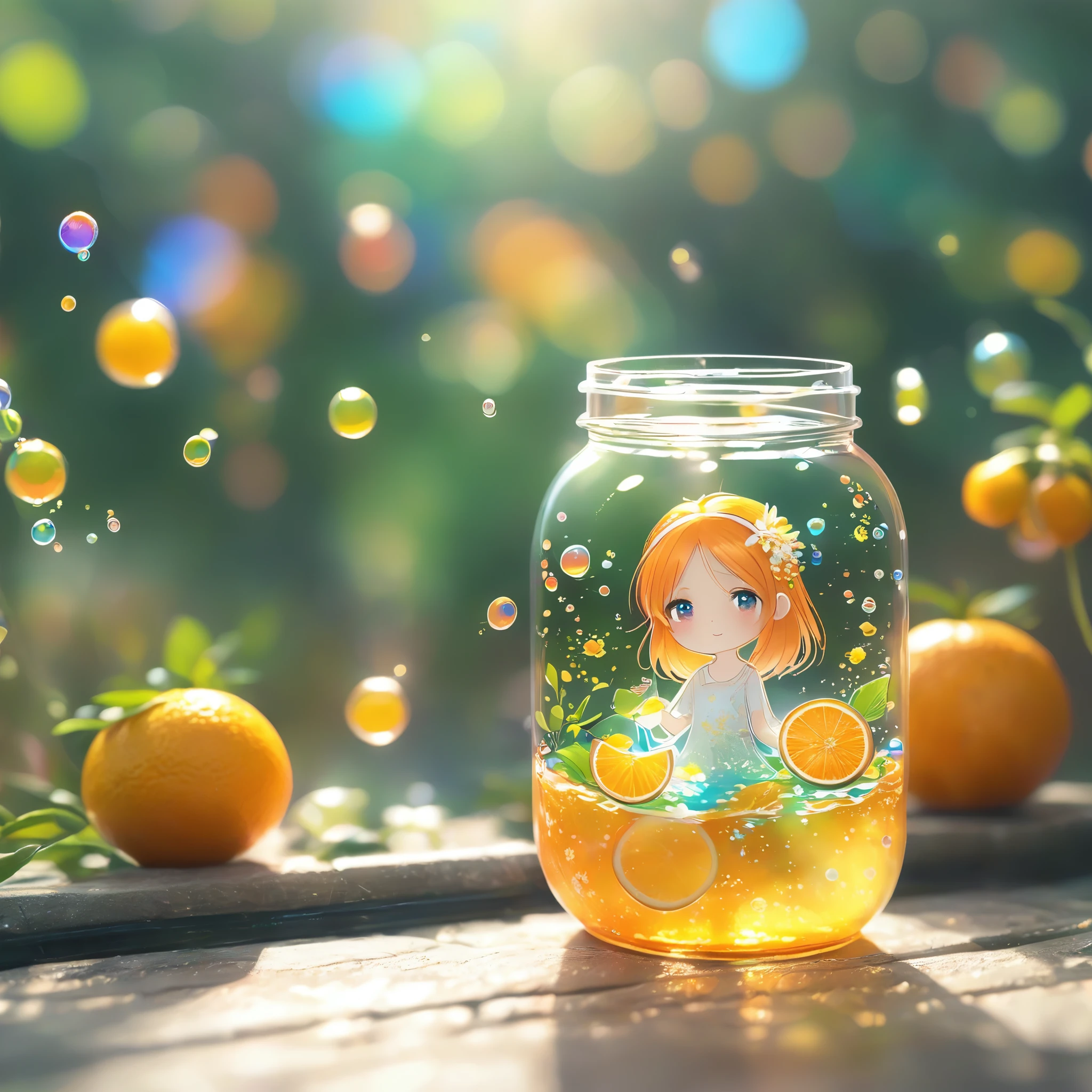 (masterpiece), (best quality), illustration, Ultra Detailed, HDR, Depth of Field, (Colorful), ,(Flowers background:1.45),(Transparent Background:1.3)(an extremely delicate and beautiful girl inside of Glass Can:1.2), (Glass Can:1.35),(solitary:1.2), (whole body), (Beautiful and delicate eyes, Beautiful and delicate face:1.3), (sitting ), (Very long silky hair, white hair:1.15), (Ease_Chest, tally and skinny:1.2), (Colorful clothes:1.3), (extremely detailed lace:0.3), (Extremely detailed decorate:0.3),(Headband , Orange Hair_decorate:1.25),orange jar,water surface,whole body,(Bottle filled with orange water,bottle filled with Fanta:1.25), (many Fruit in a jar, Multiple_Fruit in a jar:1.25), (There are a lot of bubbles:1.25),