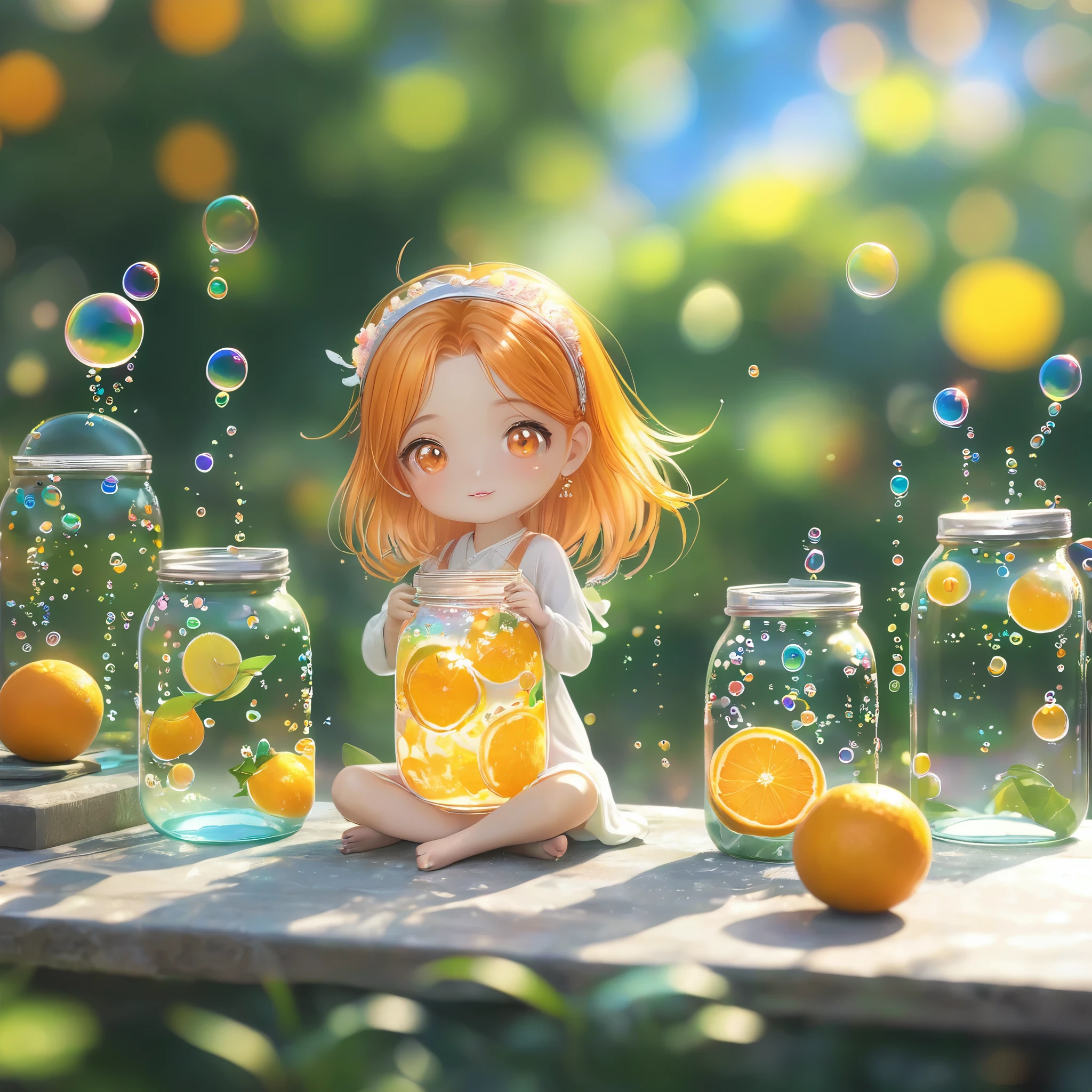 (masterpiece), (best quality), illustration, Ultra Detailed, HDR, Depth of Field, (Colorful), ,(Flowers background:1.45),(Transparent Background:1.3)(an extremely delicate and beautiful girl inside of Glass Kan:1.2), (Glass Kan:1.35),(solitary:1.2), (whole body), (Beautiful and delicate eyes, Beautiful and delicate face:1.3), (sitting ), (Very long silky hair, white hair:1.15), (Ease_Chest, tally and skinny:1.2), (Colorful clothes:1.3), (extremely detailed lace:0.3), (极其细致的decorate:0.3),(Headband , Orange Hair_decorate:1.25),orange jar,water surface,whole body,(Bottle filled with orange water,bottle filled with Fanta:1.25), (many Fruit in a jar, Multiple_Fruit in a jar:1.25), (There are a lot of bubbles:1.25),