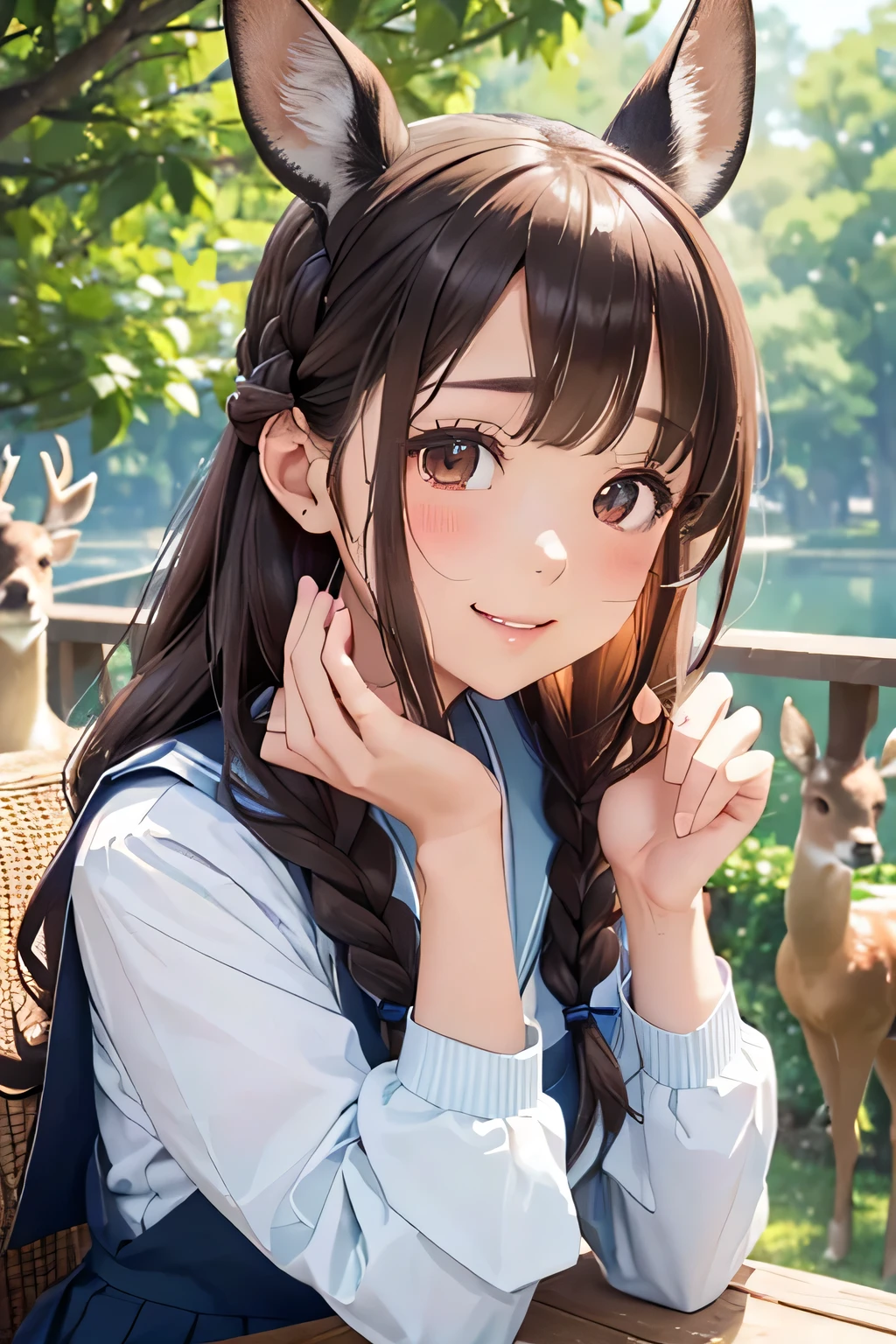 highest quality、High resolution、Detailed Background、(Beautiful face in every detail:1.4)、Anatomically correct、(Draw the usual number of fingers:1.2)、(Detailed facial expressions)、(Detailed eyes:1.2)、(Detailed eyes:1.2)、Beautiful, smooth skin、Teenage beauty、(Highly detailed face:1.4)、Brown Hair、Black Hair、Braided Bob、Braided Ponytail、Braided long hair、Wavy Hairstyle、well-groomed eyebrows、Perfect body line、White Sailor Suit、Light blue sailor collar、Checkered pleated skirt、School Cardigan、White Stockings、School trip、Nara Park、In a joking manner、A big smile、

(Three beautiful girls taking a selfie at Nara Park:1.5)、

Deer eating deer crackers and receiving food from the hand、
Posing with the deer with your friends will bring lots of smiles to your photos.、
Stretching out your hands with the deer and sitting side by side with them、
A deer comes up to me and strokes my head.、cute