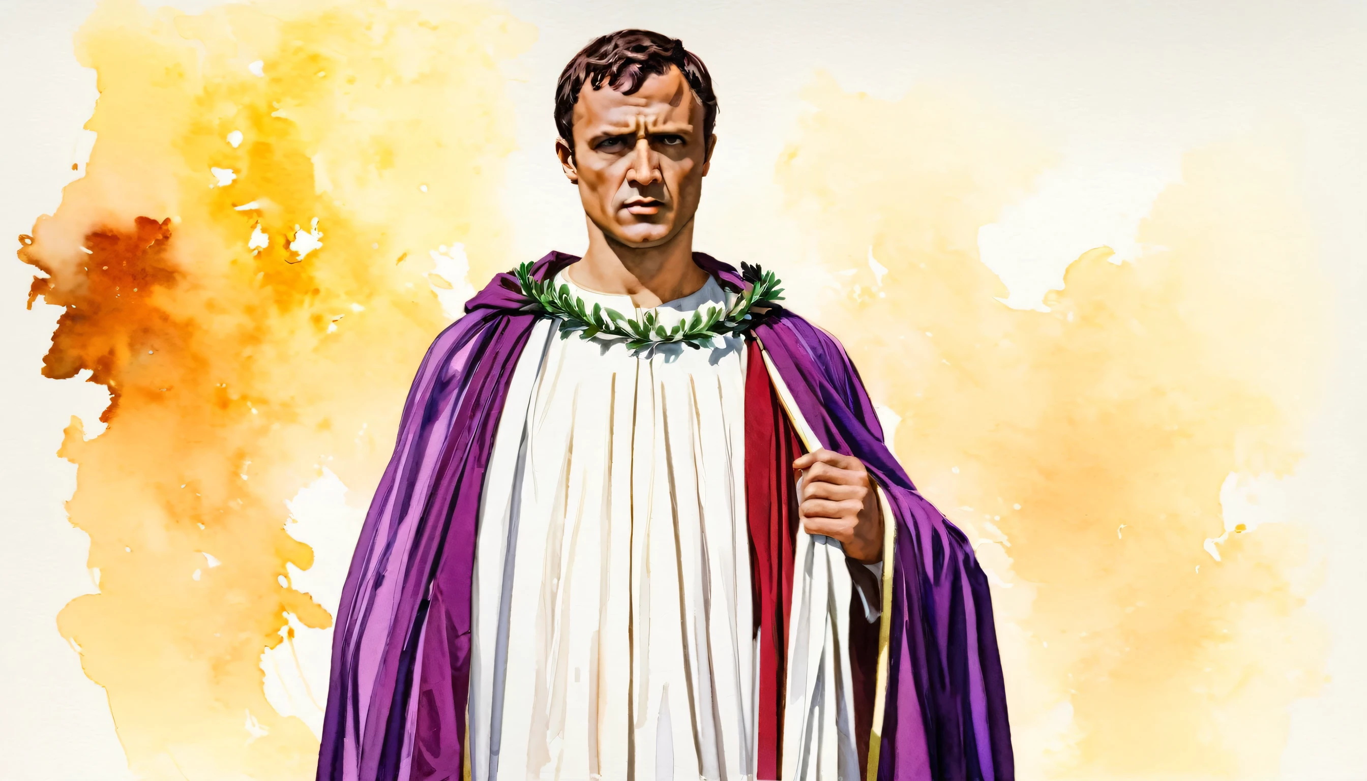 Roman empire, Julius Caesar wearing a robe, laurel wreath, standing, stern face, solo, male_focus, realistic, looking_at_viewer, robe, brown_hair, standing, closed_mouth, purple_cape, brown_eyes, modern art, painting, drawing, watercolor, psychedelic colors