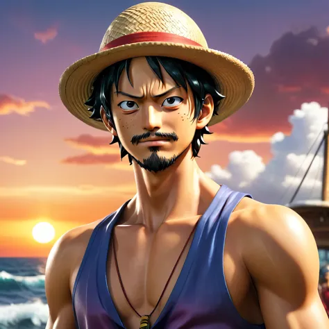 Create a highly detailed and realistic anime-style image from the series One Piece. The scene is set during the golden hour, just as the sun sets over the Grand Line. The light casts a warm golden hue, with dynamic shadows and soft light diffusion enhancin...