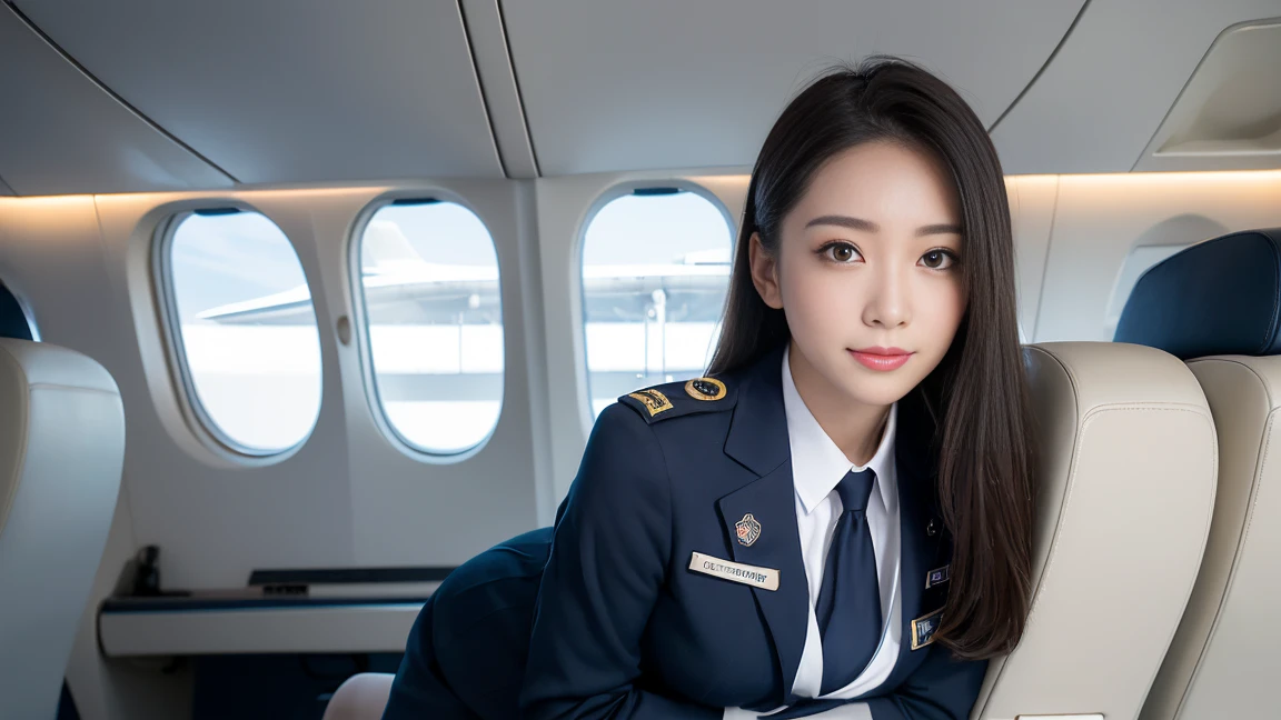 high quality, masterpiece, 8k, Ultra-high resolution, (Realistic: 1.4), 1 girl, Beautiful Face, Symmetrical eyes, big, Perfect Body Proportions, Stewardess Uniform, The viewer&#39;s gaze, (Inside the plane: 1.2), 座席にsit, Shoulder jumps, (Absolute area:1.3)、Thighs、((sit))、big breasts、smile、Wrinkled lips、(全naked)、((naked))、((Between the legs))、((Spread your legs))、((Between the legsが強調されている))、((両Thighsをあげている))、((Standing stiffly))