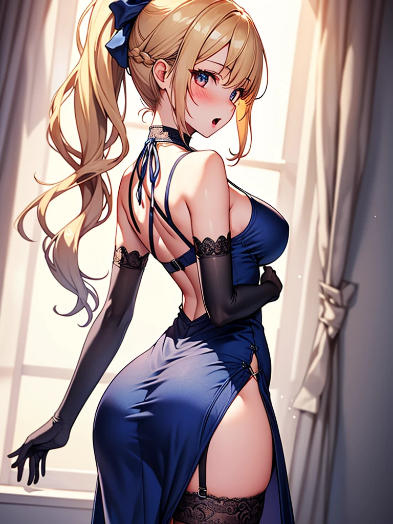 (highest quality, High resolution, perfect pixel, Depth of bounds written, 4K), hotel room, detailed eyes, (looking back), (1 lady), armpit focus, tall, (skinny body:1.2) , (thin thighs:1.2), large breasts, (side boob), blond hair, (ponytail:1.2), (midnight blue one side slit dress:1.2), (sleeveless), cross halter, bare back, elbow gloves, (lace legwear:1.2), (standing), (arm up:1.2), (hand-on lap:1.2), (aroused), blush, open mouth, 