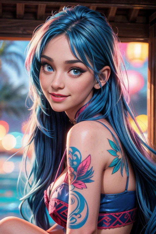 une femme de 25 ans, Sexy, sourire romantique, HD, 8k, chef-d&#39;œuvre, beaucoup de détails, poils bleus, regard profond, yeux bleus, lingerie rose, tatouage hawaïen