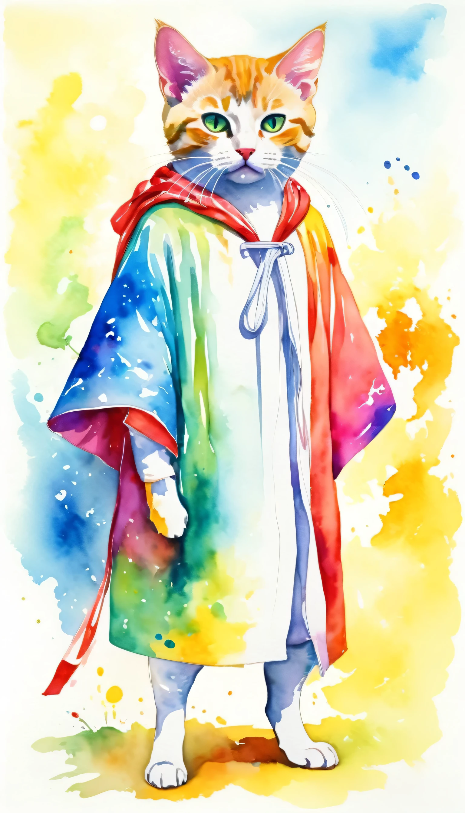 boxing kitten wearing a garment, boxing, expression of defiance, animal_focus, looking_at_viewer, robe, standing, cape, funny, modern art, painting, drawing, watercolor, psychedelic colors