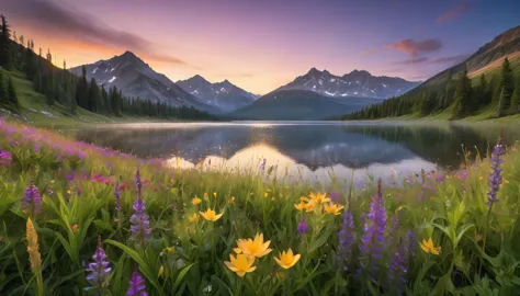 Generate an ultra-high-resolution image of a breathtaking landscape during the golden hour, capturing a serene mountain valley with a crystal-clear lake reflecting the vivid sunset colors. Focus on impeccable detail across wildflowers in the foreground, sh...