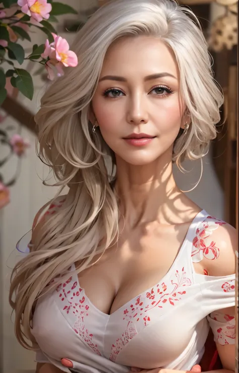 professional, high level of detail, close up photo with beautifull face, (attractive mature 50yo woman:1.3),long white hair,(t-s...