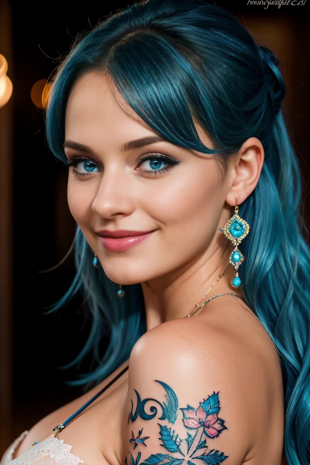 une femme de 25 ans, sexy, romantic smile, HD, 8k, masterpiece, a lot of details, blue hairs, deep look, blue eyes, pink lace lingery, tribal tattoo