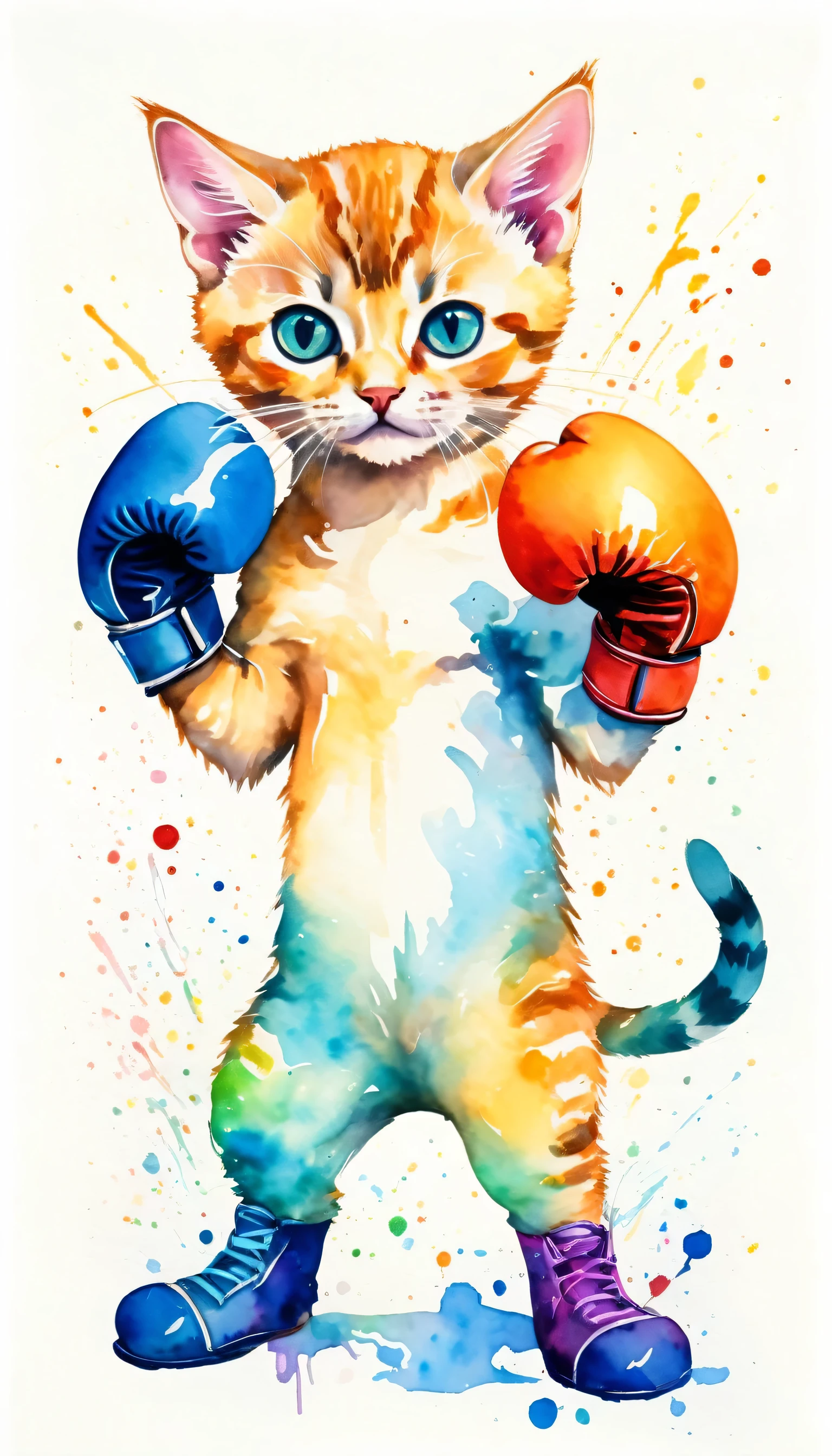 boxing kitten wearing boxing gloves, boxing, expression of defiance, animal_focus, looking_at_viewer, standing, cfunny, modern art, painting, drawing, watercolor, psychedelic colors