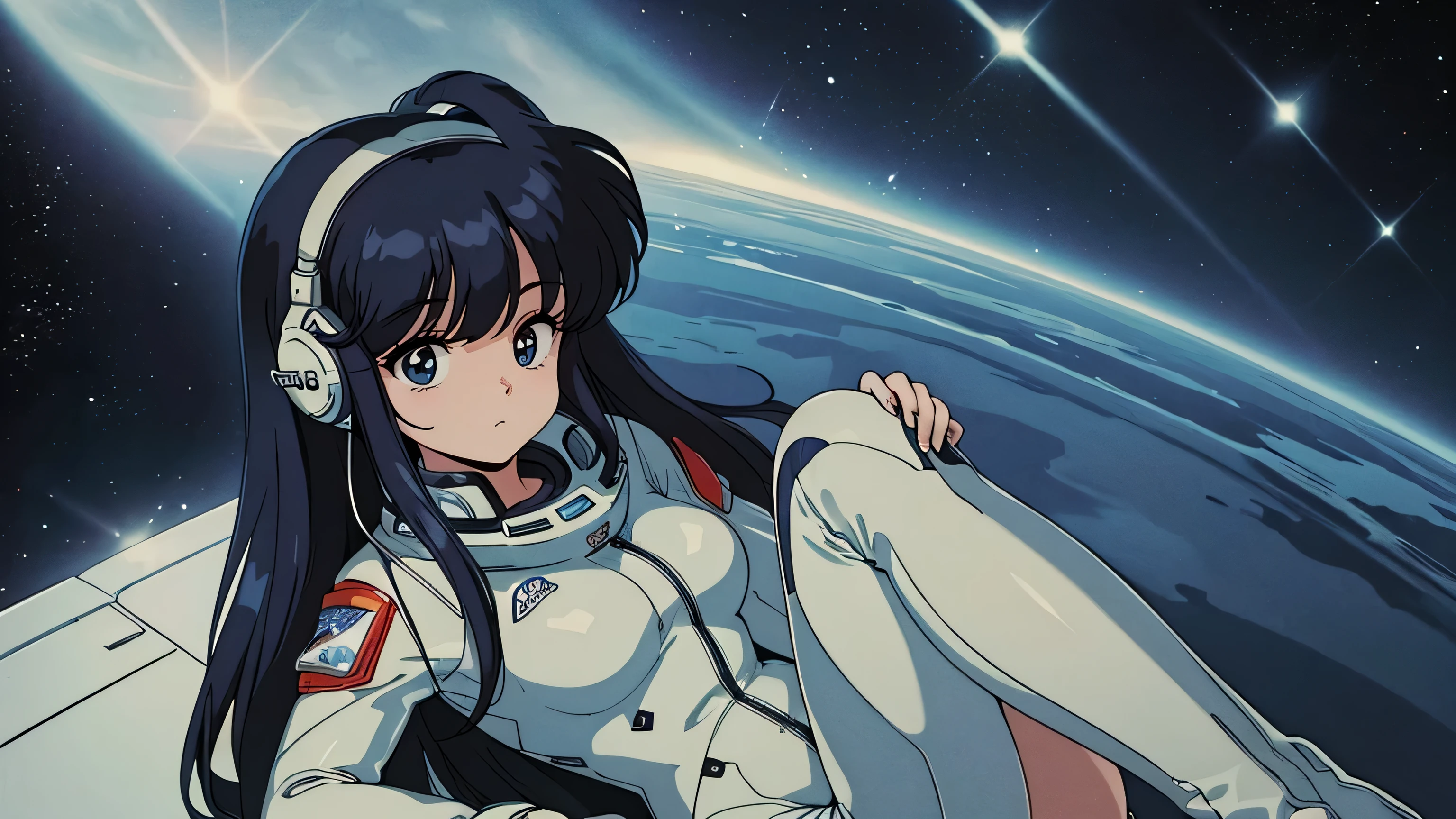 Anime,(80s anime),(Retro,(masterpiece:1.2),(Best quality:1.2), Ultra detailed,,best quality, insanely detailed, beautiful,extremely detailed , 8k),(perfect eyes,perfect hands,ultra-detailed eyes,perfect fingers),(A girl is in space wearing a spacesuit ),(a girl doesn't look this way),(long hair),(a girl only),(headphone)
