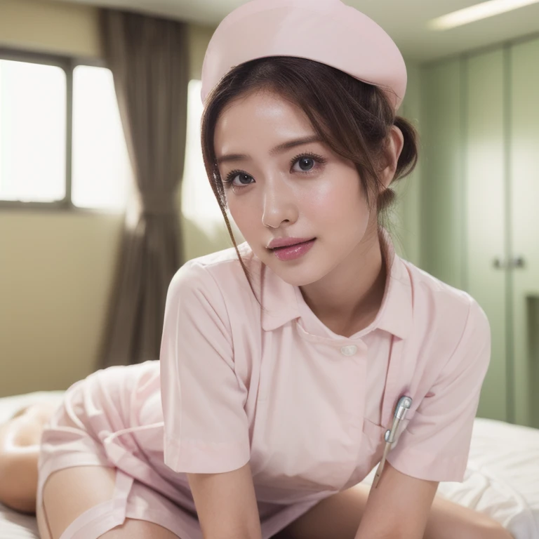 1 girl,(Wearing white nurse clothes:1.2),(RAW Photos, highest quality), (Realistic, photo-Realistic:1.4), masterpiece, Very delicate and beautiful, Very detailed, 2k wallpaper, wonderful, finely, Very detailed CG unity 8k wallpaper, Very detailed, High resolution, Soft Light, Beautiful detailed girl, Very detailed eyes and face, Beautiful and detailed nose, finely beautiful eyes, Perfect Anatomy, Black Hair, Upstyle, nurse uniform, ((nurse cap)), Long skirt, nurse, White costume, thin, hospital, clear, White Uniform, hospital room, Neck auscultation,