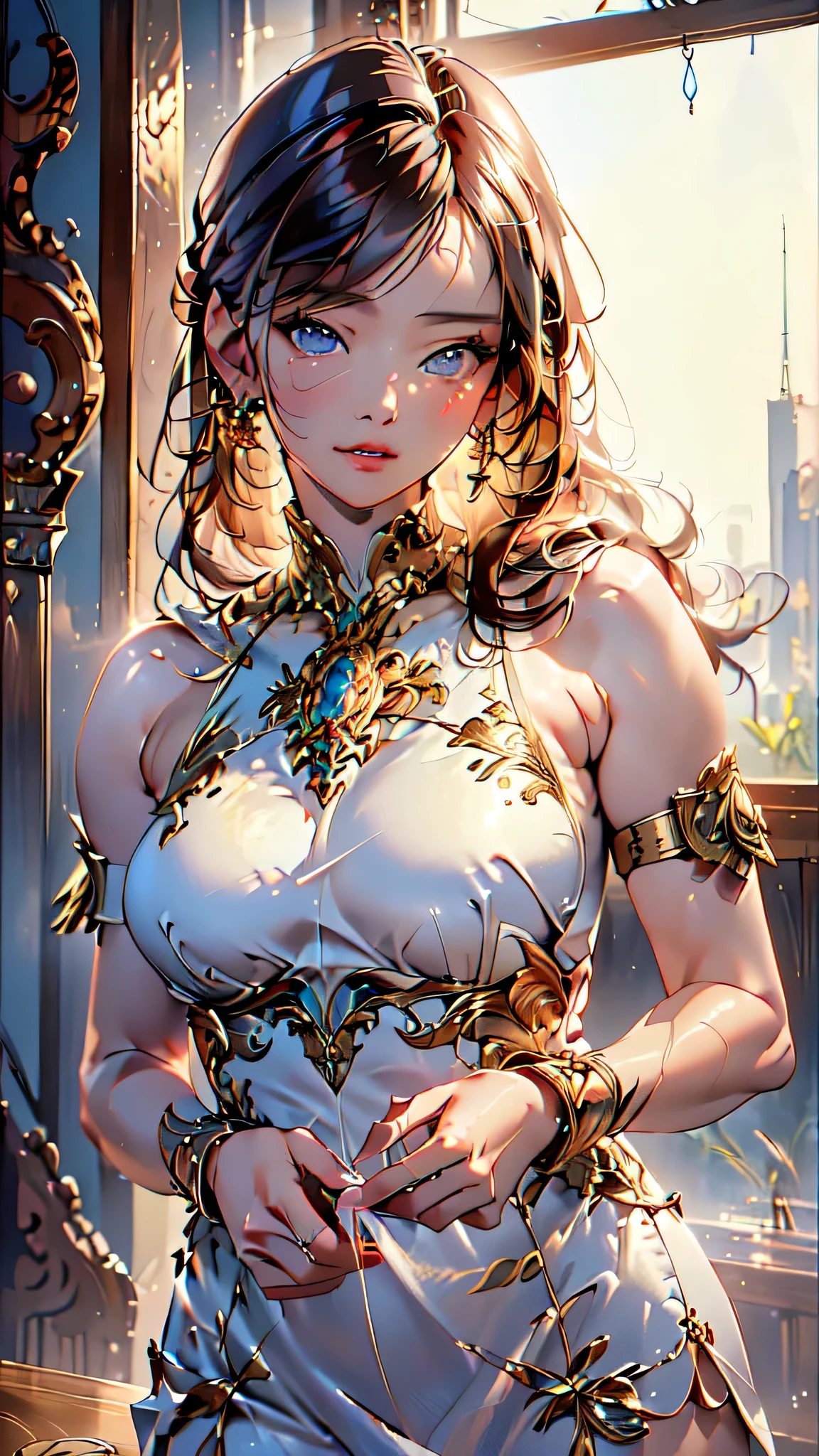 ((highest quality)), (超A high resolution), (Very detailed), (Detailed Description), ((The best CG)), (masterpiece), Ultra-detailed art, (highest quality, 8k, 32k masterpiece), (Realistic), (Realistic:1.2), (High resolution), Very detailed, Very beautiful face and eyes, woman１name, (Narrow eyes, Droopy eyes:1.4, Fine grain), Tight waist, Delicate body, (highest quality, Attention to detail, Rich skin detail), (highest quality, Oil paint:1.2), Very detailed, (Realistic, Realistic:1.37), Bright colors