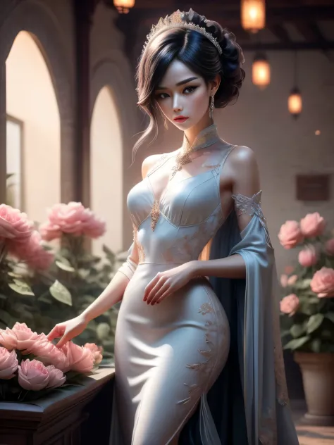 a woman in a blue dress is standing in a garden of roses, concept art by Yang J, Artstation contest winner, fantasy art, style a...