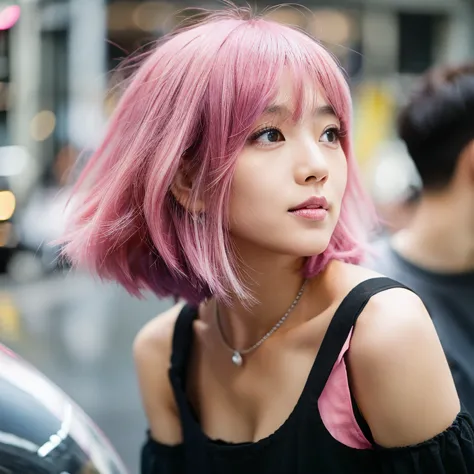Early 20s woman. Korean. Dyed pink hair. Wolfcut haircut. Big . Candid.  Black croptop