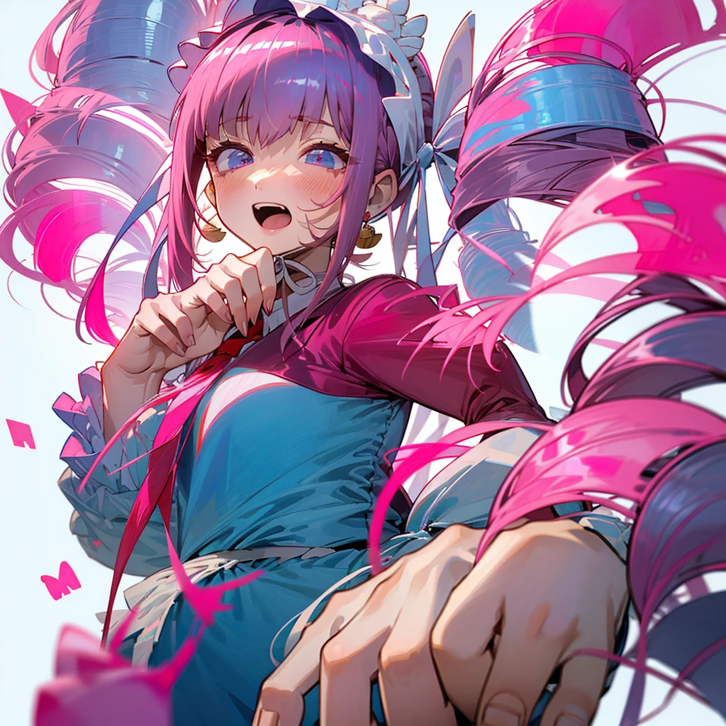 1 Girl, Solitary, blush, Ahog, White background, barefoot, open mouth, whole body, Simple background, Heart, Pink Hair, have, Looking at the audience, blue eyes, permanent, Hair between the eyes, Sleeves over wrists, ribbon, Nail polish, Toenails, toeNail polish, red shirt, Anklets, Long sleeve, Bangs, shirt, Long hair, bow