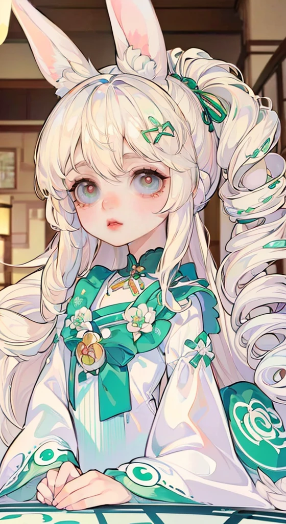 ((best quality)), (Ultra Detailed), ((Extremely detailed)), (fair), ((Kawaii girl)),(Hair on both sides)、((On the table)),platinum blonde,Long hair, Hair between the eyes, curls, Long sideburns,Emerald eyes, White skin,huge 、Rabbit ears,slim body, rabbit,A woman,Japanese cartoons