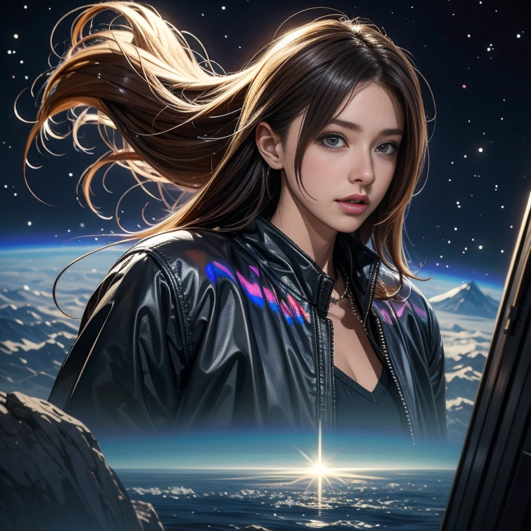 (High resolution、masterpiece:1.2)、Super detailed、(Photorealistic:1.37)、SF、Adventurer、Explore ancient ruins、Gorgeous detailed face and figure、Ideal proportions、Big Breasts、Beautiful long straight hair tied in a braided ponytail、blonde、(stylish、Holographic Coat:1.4)、Dynamic pose、Dynamic angle、treasure hunter、interstellar background、Advanced technology、Glowing Light、Extraterrestrial relics、Exciting action、Breathtaking landscapes、Amazingly detailed alien architecture、Ethereal colors、天bodyの雰囲気、Out-of-this-world scenery、laser weapon、Intense emotions、Adrenaline-pumping adventure、Thrilling suspense、Action-packed quests、Distant future、A young and beautiful woman、見事な特徴と完璧なbody型で、大胆かつ恐れを知らないtreasure hunterとして描かれ、Explore the depths of ancient extraterrestrial ruins in outer space、This work、信じられないほどのHigh resolution（highest quality、4k、8k、High resolution、masterpiece：1.2）とSuper detailed（Photorealistic：1.37）Proud of its depiction of、The face of the hero、body、Captures every intricate detail of the surrounding environment、SFジャンルに重点を置いたThis work、Advanced technology、魅惑的なinterstellar background、Introducing the scenery of another world。キャラクターのDynamic poseと角度が、It adds energy and a sense of adventure to the scene.。彼女の長く美しいblondeの髪は細心の注意を払ってポニーテールに編み込まれており、Enhances aesthetic appeal、全body的な外観に優雅さを加えています、treasure hunterとして、She encounters various relics and ancient structures、それらは絶妙なディテールでEthereal colorsで描かれ、The celestial atmosphere captivates the audience.、In this work、The protagonist engages in a thrilling quest、It also features intense emotions and adrenaline-pumping action as you face dangerous challenges.、laser weaponと未来的な要素がSFの雰囲気を醸し出し、視聴者に視覚的に驚異的で没入感のあるbody験を提供します、cr1r3、majastrojek、COMG3O、natural breasts