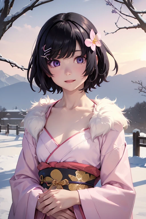 Fondo de pantalla CG unity 8K muy detallado, Cute One Dama, cabello maduro、Dama ,beautiful Dama, Piel pálida (súper obra maestra, persona hermosa, well detailed face polluted sonrisa, Fotorrealista, hiperrealista), Colorido kimono de invierno en colores rosa y blanco.、(piel blanca)、Accesorios para el cabello de estilo japonés、sonrisa、Fondo japonés con flores de color rosa claro y nieve.、Retrato、(ojos de referencia)、(pecho plano:1.4)、(piel brillante:1.7)、ojos detallados、ojos grandes、abre la boca、esconde tu brazo、
(hanekawa02:1.5, cabello corto, pelo negro, adorno para el pelo, ojos morados, Pinza para el cabello)