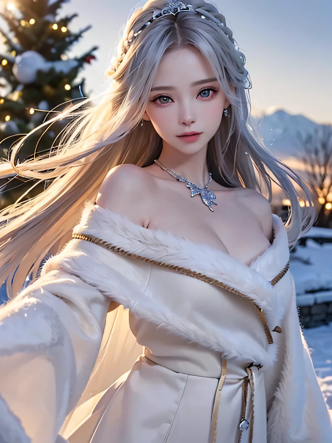 ((masterpiece:1.5、8k、Portrait、Photorealistic and very detailed CG、Very detailed、Particle Effects、Dynamic Effects、Written boundary depth、Cinematic Light、Lens flare、Ray Tracing、Tabletop、Realistic:1.4、超A high resolution:1.2、Realistic、Realistic))((alone、,A woman wearing an off-shoulder sweater and a long coat:1.4、Elegant woman posing:、Detailed face、Bright expression、Younger, brighter, whiter skin、Ample breasts、Best Looks、The ultimate beauty、Silver hair with dazzling highlights、Shiny bright hair,、Super long, silky straight hair、hair dancing in the wind))(morning、The setting is outdoors in the snow, near a Christmas tree.)
