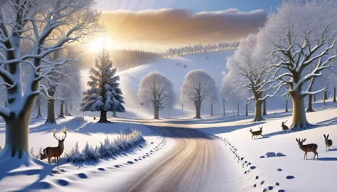 a magical winter forest scene rendered in 3d, featuring a snowy landscape with a variety of animals like deer, rabbits, and owls...