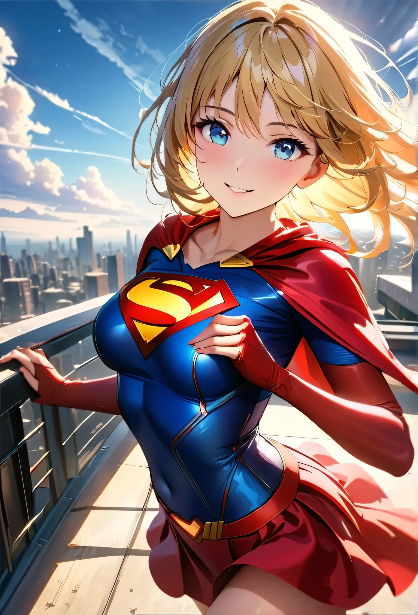 chef-d&#39;œuvre, 4k, 8k, Haute qualité, très détaillé, Visage détaillé, HDR, Couleurs vives, éclairage naturel, Meilleures ombres, Faible profondeur de champ, portrait de (Super Girl:1.1) debout sur un toit, souriant, jupe rouge, Cape rouge, bottes rouges à talons, délicat, Yeux bleus séduisants, Beaux seins moyens, blond, (Symbole Superman sur la poitrine:1.2), jambes nues, nombril ouvert, ciel bleu, soleillight, des nuages, soleil, floraison,