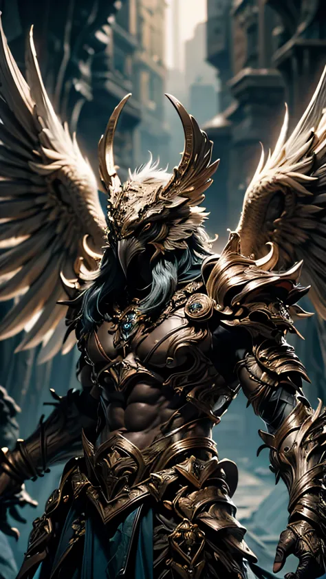Garuda, (Bird Head:1.2), Very hairy body, huge, (Bird talons:1.1), Luxurious Armor, , Cinematic lighting effects, , Dynamic comp...