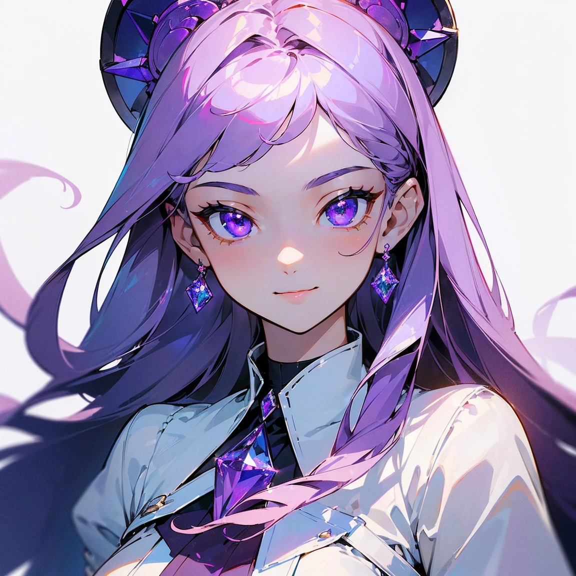 (masterpiece, top quality, best quality, official art, beautiful and aesthetic, absolutely-impressive-detail shadowing:1.2), 1 girl, Goddess, white skin, white blouse with dark purple details, cute, long silky smooth hair, periwinkle hair, very beautiful pretty face, glowing eyes, sparkling detailed crystal clear purple eyes. (small smile:1.2), (beautiful starry background)