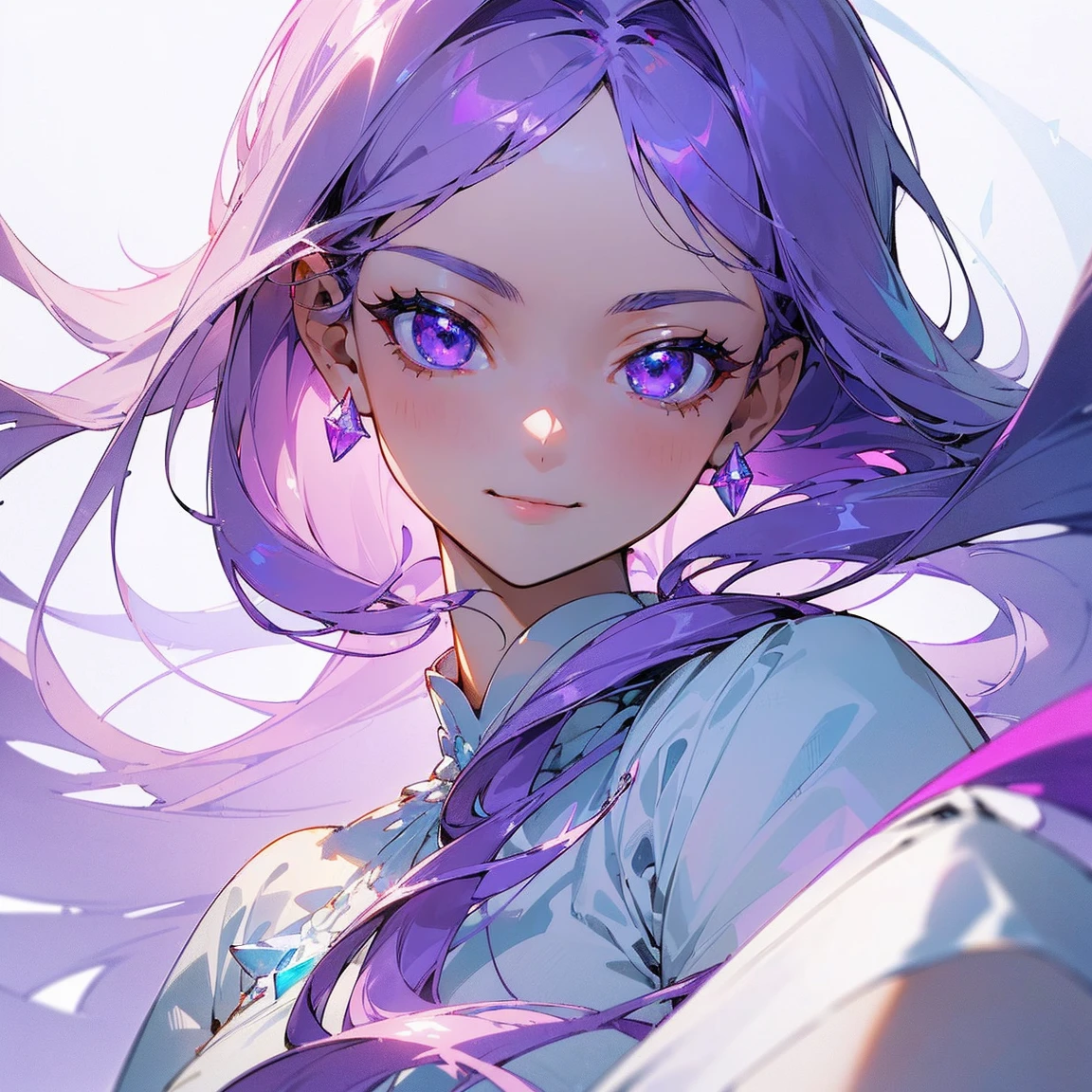 (masterpiece, top quality, best quality, official art, beautiful and aesthetic, absolutely-impressive-detail shadowing:1.2), 1 girl, Goddess, white skin, white blouse with dark purple details, cute, long silky smooth hair, periwinkle hair, very beautiful pretty face, glowing eyes, sparkling detailed crystal clear purple eyes. (small smile:1.2), (beautiful starry background)