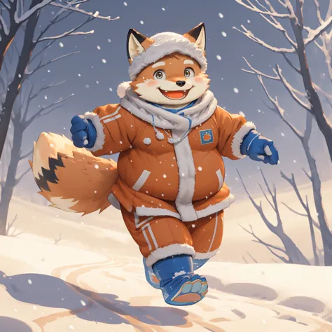 New Jersey 5 Furry，fox，portrait,Exquisite，Chubby，Orange plush fur，Cute face，child，Cute outfits，winter，Running in the snow，Lively...