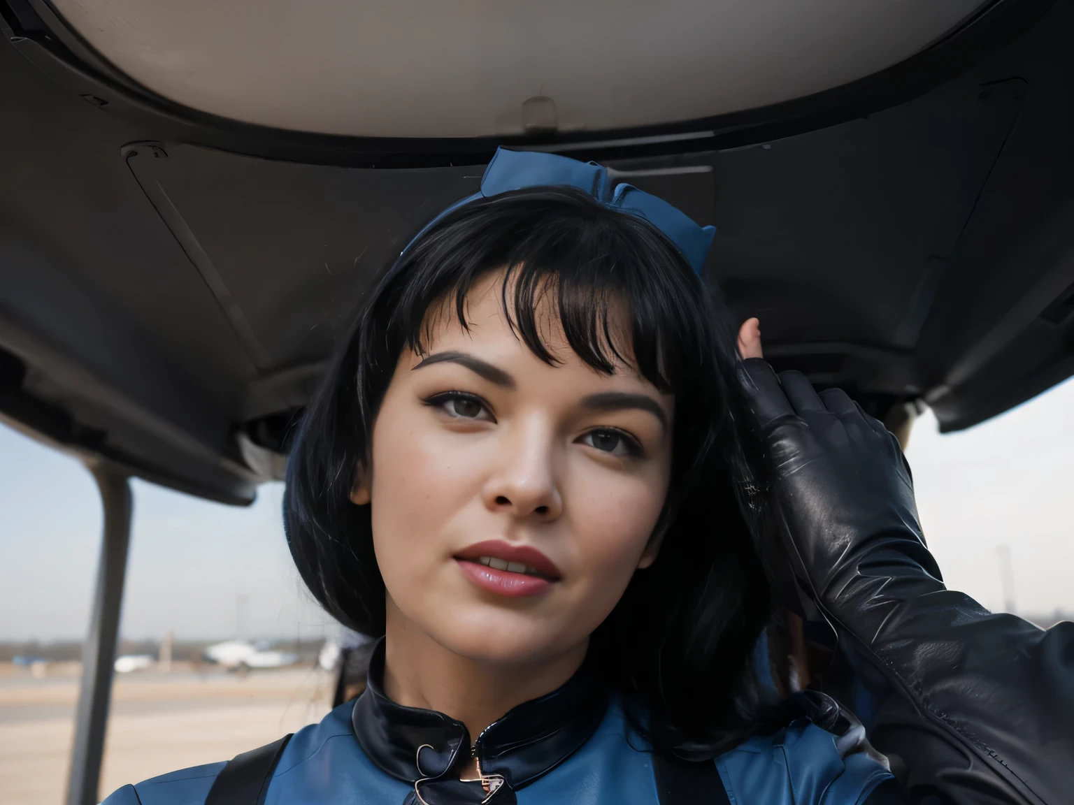 Bettie Page Hôtesse en uniforme bleu, gants en cuir noir travaillant dans un avion ayant une liaison avec un passager noir. ((embrasser un homme, lui attrapant les cheveux)) (chef-d&#39;œuvre), (meilleure qualité), (Ultra-détaillé)