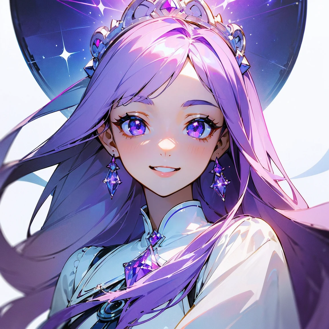 (masterpiece, top quality, best quality, official art, beautiful and aesthetic, absolutely-impressive-detail shadowing:1.2), 1 girl, Goddess, white skin, white blouse with dark purple details, cute, long silky smooth hair, periwinkle hair, very beautiful pretty face, glowing eyes, sparkling detailed crystal clear purple eyes. (small smile:1.2), (beautiful starry background)