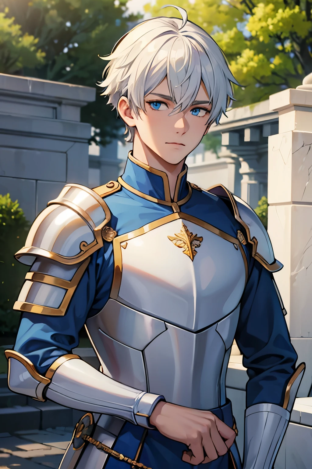 (best quality,8k,masterpiece:1.2),anime style,high-res,teenage boy,21 years old,short white hair,bangs,blue eyes,azure eyes,detailed face,perfect complexion,white t-shirt,long sleeves,white shirt with blue details,golden armor,sword,detailed armor(with shoulder pads and breastplate),commercial background,daytime,in front of a fountain.