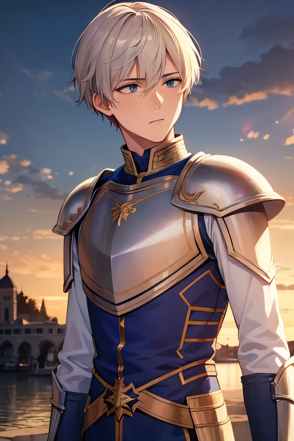 (best quality,8k,masterpiece:1.2),anime style,high-res,teenage boy,21 years old,short white hair,bangs,blue eyes,azure eyes,detailed face,perfect complexion,white t-shirt,long sleeves,white shirt with blue details,golden armor,sword,detailed armor(with shoulder pads and breastplate),commercial background,daytime,in front of a fountain.