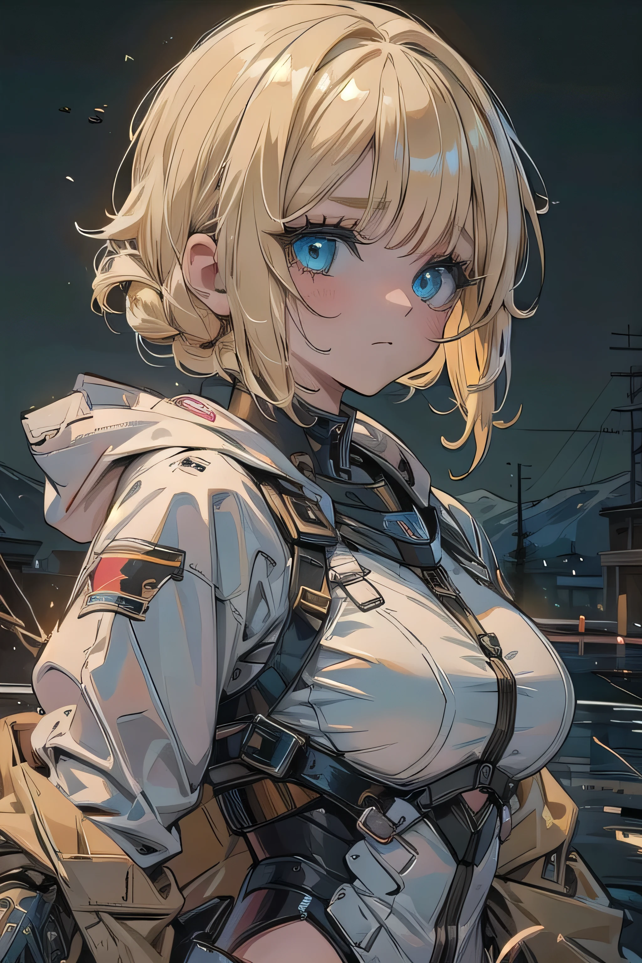 (masterpiece:1.2), (highest quality:1.2), Perfect Eyes, Perfect Face, Perfect lighting, One girl,bob, Complicated hairstyle, compensate, Black Lips, Thick eyelashes, sad, melancholy Beautiful Landscape,Blonde Hair,Assault rifle,(large breasts)