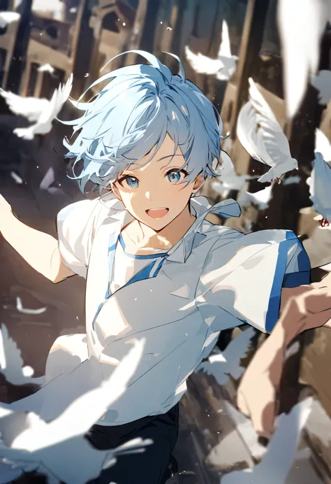 long light blue hair、a cheerful young man、short-sleeved shirt、flying white dove