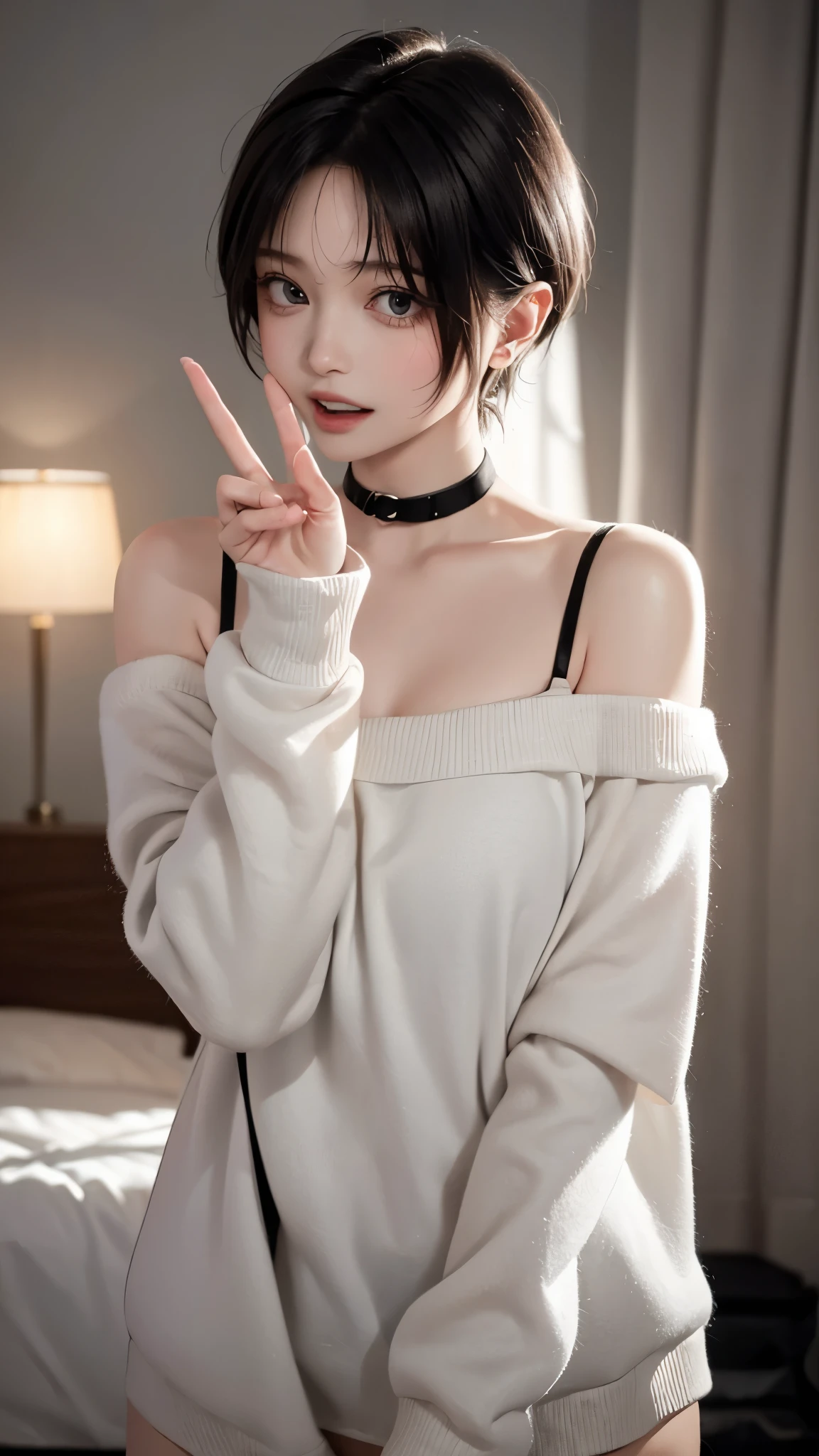 1 Girl、solo、masterpiece,highest quality,High resolution,Very detailed, skinny,Black Choker,Earrings,Big cleavage、Off-the-shoulder tight sweater dress,

 (( Peace sign with both hands)), (Blowjob Gestures:1.5), (((Open your mouth))), Heavy breathing , (aheghentai face), 
pixie short hair、
Accurate 5-finger、Accurate human body、The perfect human body、((Captivating smile ))、

Boyfriend room、A Guys room、A light-off room at night、indoor、High School Boy's Room、Detailed Background、