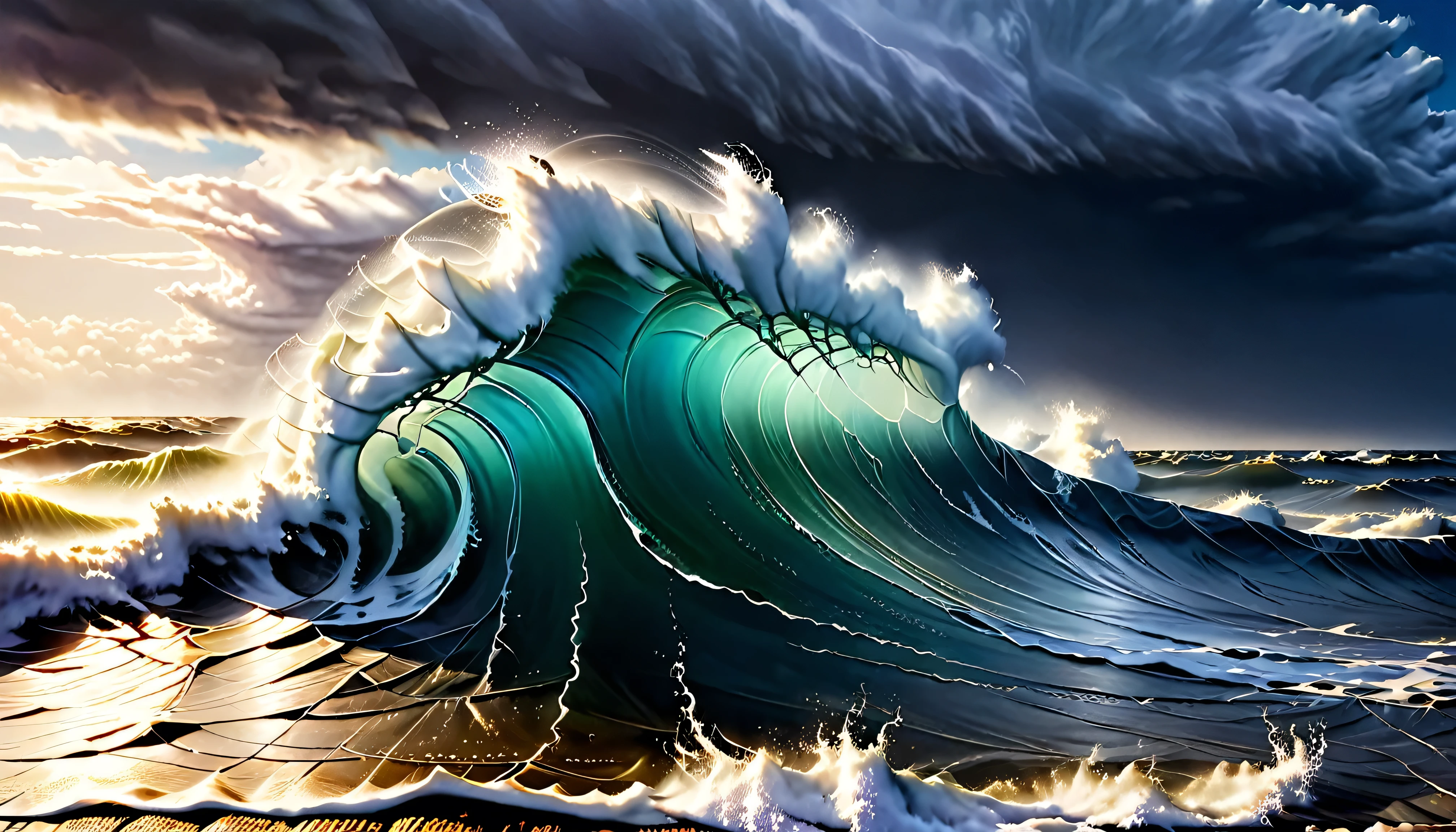 Générez une image ultra haute résolution des imposants, vagues océaniques violentes lors d&#39;une violente tempête en mer, capturer la puissance brute et la beauté de la nature. L&#39;image doit représenter des vagues massives avec des textures d&#39;eau incroyablement détaillées et dynamiques., mettant en valeur le contraste entre le blanc, les pics mousseux et les profondeurs, le bleu menaçant de la mer. L’éclairage est crucial: la scène doit être éclairée par l’éclairage dramatique et intermittent d’une tempête, avec des éclairs jetant un regard dur, reflets vifs sur les vagues, et sombre, des ombres menaçantes remplissent les creux. Cet effet de lumière intense devrait améliorer l&#39;apparence tridimensionnelle des vagues et ajouter une touche surréaliste., qualité presque picturale de la scène. La mise au point doit être douce mais précise, garantissant que les vagues sont capturées avec clarté mais sans bords durs, éviter tout surfiltrage ou bruit numérique qui pourrait nuire à la représentation réaliste. La composition doit suivre la règle des tiers, avec la plus grande vague positionnée pour dominer le quadrant supérieur droit de l&#39;image, attirant l&#39;œil du spectateur à travers la scène et transmettant à la fois le danger et la beauté fascinante de la mer agitée.