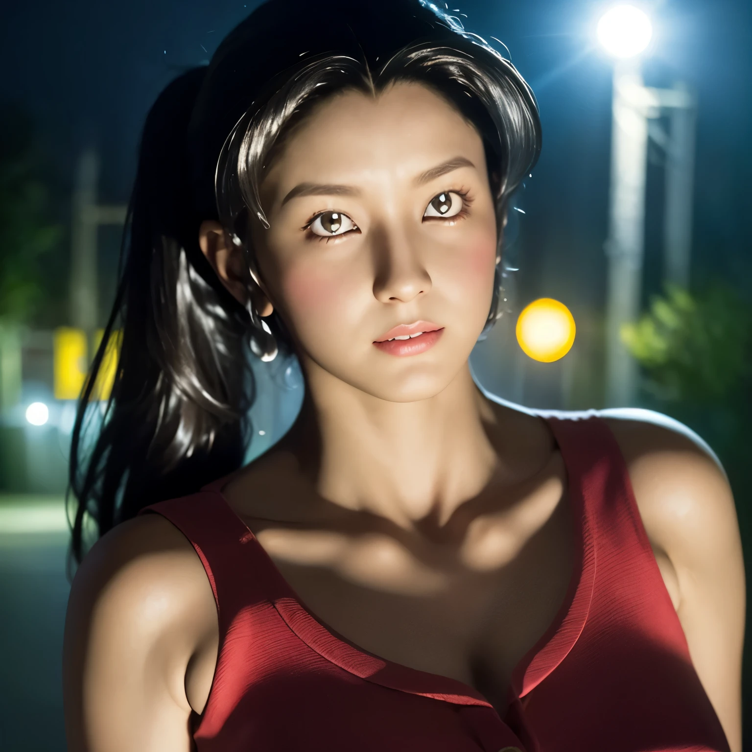 1 girl,alone,(whole body),(8k, highest quality, masterpiece:1.2), (Realistic, photo-Realistic:1.37), Very detailed,highest quality, Ultra-high resolution, Professional Lighting, Photon Mapping, Radio City, Physically Based Rendering, Cinema Lighting,  midnight road,Written boundary depth, 25-year-old female、Dreamy face、Red camisole、ponytail