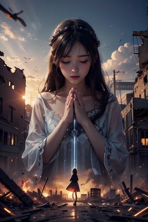 молящаяся девушка, город в руинах, двойная экспозиция