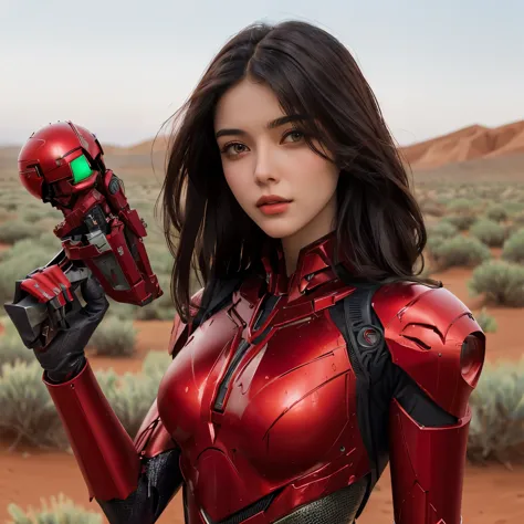 Arabian woman in a red suit holding a red object in the desert, Alena Aenami and Artgerm, Lostrun 8k, Girl wearing mecha cyber a...